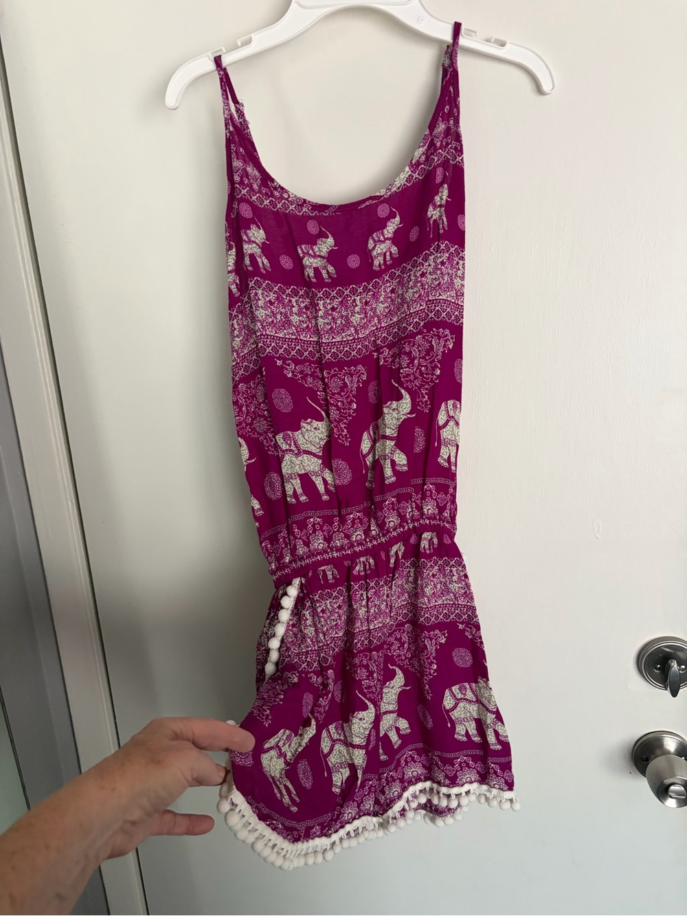 Girls Pom-Trim Elephant Print Romper in Magenta